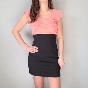 💘IZ Byer Peach and Black Bodycon Ruffle Dress Size 7
